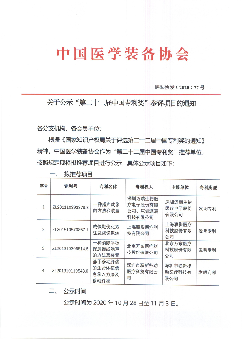 关于公示“第二十二届中国专利奖”参评项目的通知(图1)